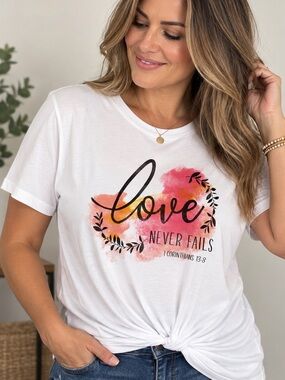 Wild Kiss White “Love Never Fails” Graphic Tee – Casual Top 1X